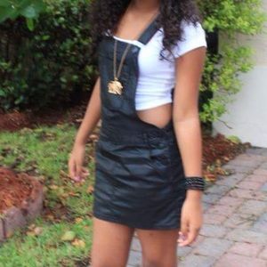 F21 Black Leatherish/Denim Overall Dress